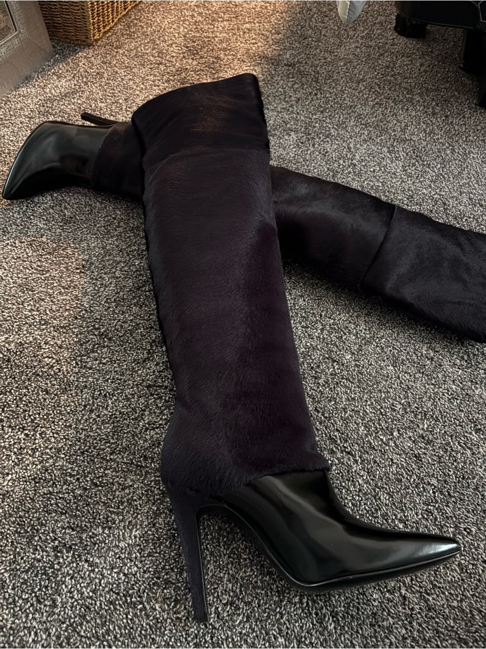 PIERRE HARDY Black Pony Hair Over-the-Knee Stiletto Leather Boot